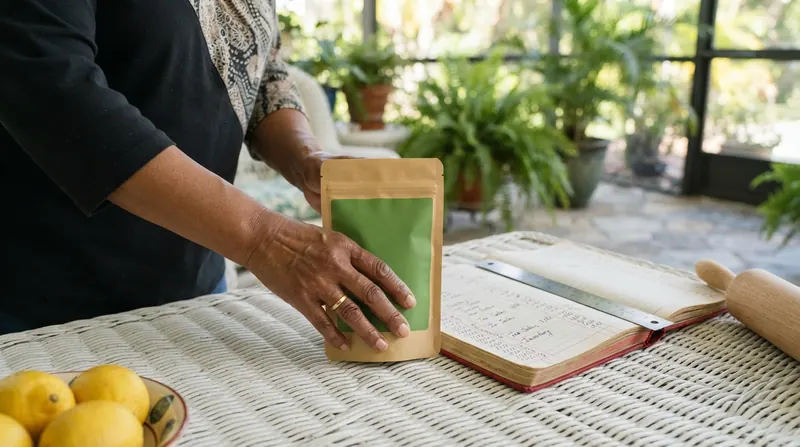 A woman's hands setting a green and kraft resealable tea pouch beside an open red ledger on a wicker table, a rolling pin nearby