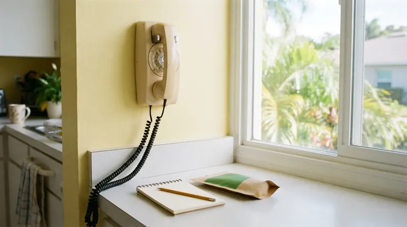 A cream wall telephone with a coiled cord on a sunny Florida kitchen wall, a notepad and pencil on the counter beneath it