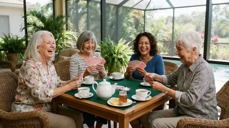 Four women in their sixties and seventies playing canasta at a card table on a Florida lanai with a teapot and lemon wedges