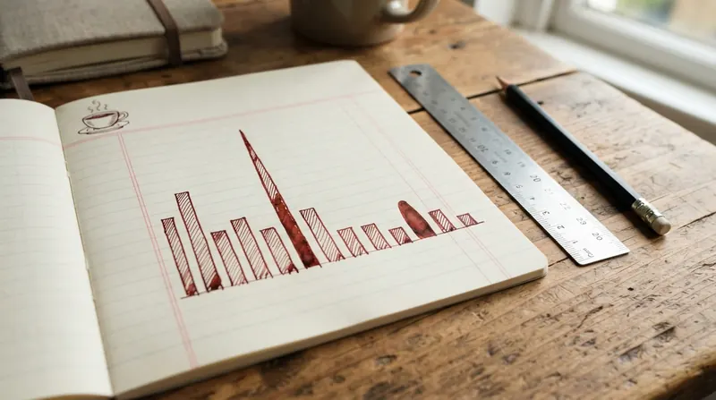 A hand-drawn bar chart in red ink on cream ledger paper with twelve bars that mostly shrink from left to right with one tall bar in the middle