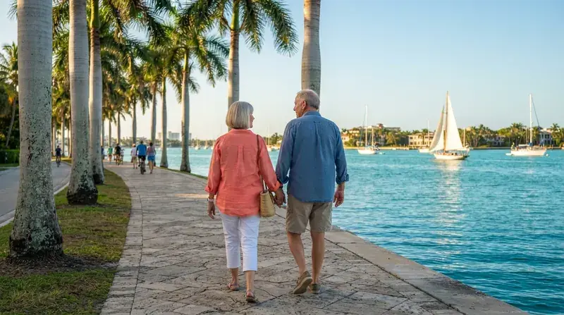 An older couple walking side by side on a waterfront path lined with palm trees in golden evening light, seen from behind