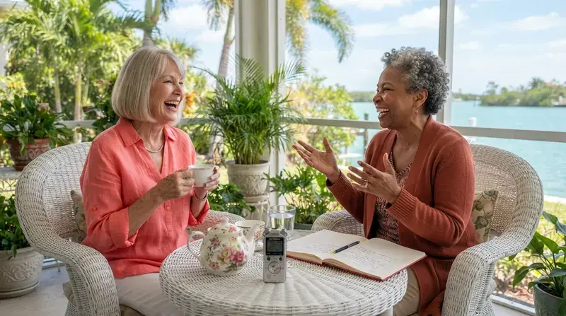 Two older women laughing on a Florida lanai with teacups and a small audio recorder on a wicker table