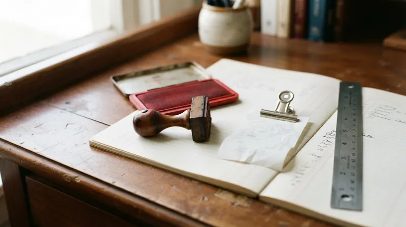 A wooden rubber stamp, a red ink pad and a white receipt held by a silver paper clip on a cream ledger page