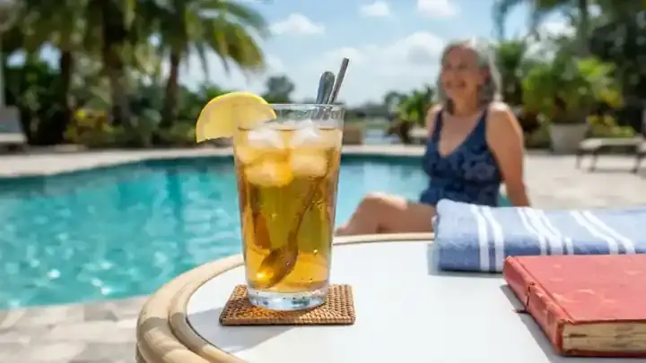 A tall glass of iced golden herbal tea with a lemon wedge on a poolside table in bright Florida sun